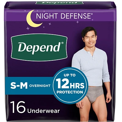 Sous-vêtement d’incontinence pour adultes Depend Night Defense pour hommes, jetables, de nuit, P - TG, gris, (l’emballage peut différer). 12-16 Unites