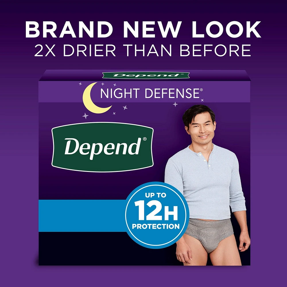 Sous-vêtement d’incontinence pour adultes Depend Night Defense pour hommes, jetables, de nuit, P - TG, gris, (l’emballage peut différer). 12-16 Unites