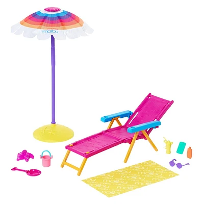 Barbie Loves the Ocean Day at the Beach Set with Sun Lounger, Umbrella and Accessories, Made from Recycled Plastic, Gift for Children 3-7