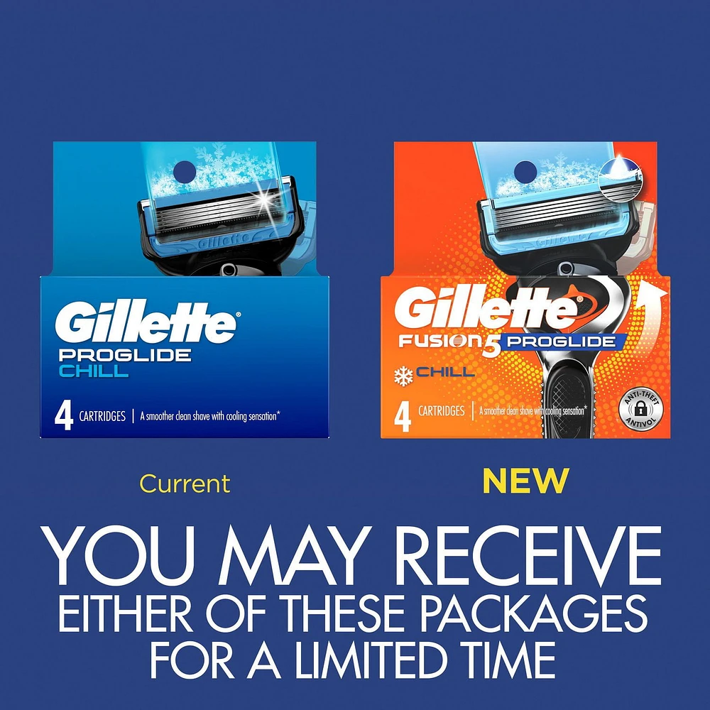 Gillette Fusion5 ProGlide Chill Razor Refills, 4 Razor Cartridges for Flexball Handle, 5-Blade Razor Blades, 2x Cooling Lubrication
