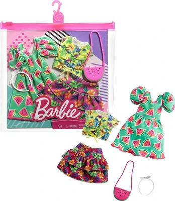 ​Barbie Fashions 2-Pack Clothing Set, 2 Outfits for Barbie Doll Include Watermelon-Print Dress, Floral Skirt, Tropical Tank & 2 Accessories