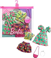 ​Barbie Fashions 2-Pack Clothing Set, 2 Outfits for Barbie Doll Include Watermelon-Print Dress, Floral Skirt, Tropical Tank & 2 Accessories