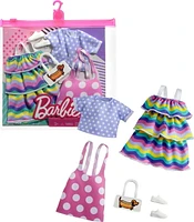 Barbie Fashions 2-Pack Clothing Set, 2 Outfits for Barbie Doll Include Pink Polka-Dot Jumper, Purple Polka-Dot Top, Striped Dress & 2 Accessories