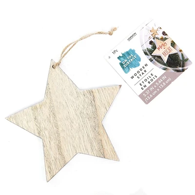 On the Surface Wooden Star with Silver Glitter Edges, Ornament or Gift Tag with Hanging Jute Cord