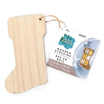 On the Surface Wooden Stocking with Silver Glitter Edges, Ornament or Gift Tag with Hanging Jute Cord