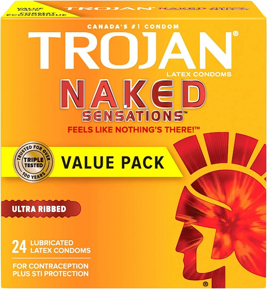 Trojan Naked Sensations Ultra Ribbed Lubricated Condoms, 24 Lubricated Latex Condoms