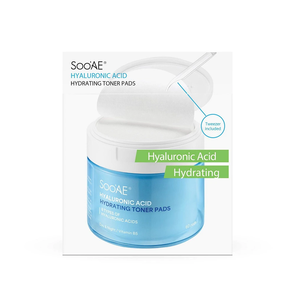 Soo'AE HYALURONIC ACID HYDRATING TONER PADS, 60 Counts (Tweezer included)