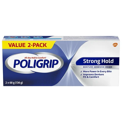 Poligrip Strong Hold Denture Adhesive Cream, Zinc Free, 2x68g tubes (136 Grams), 2 x 68g