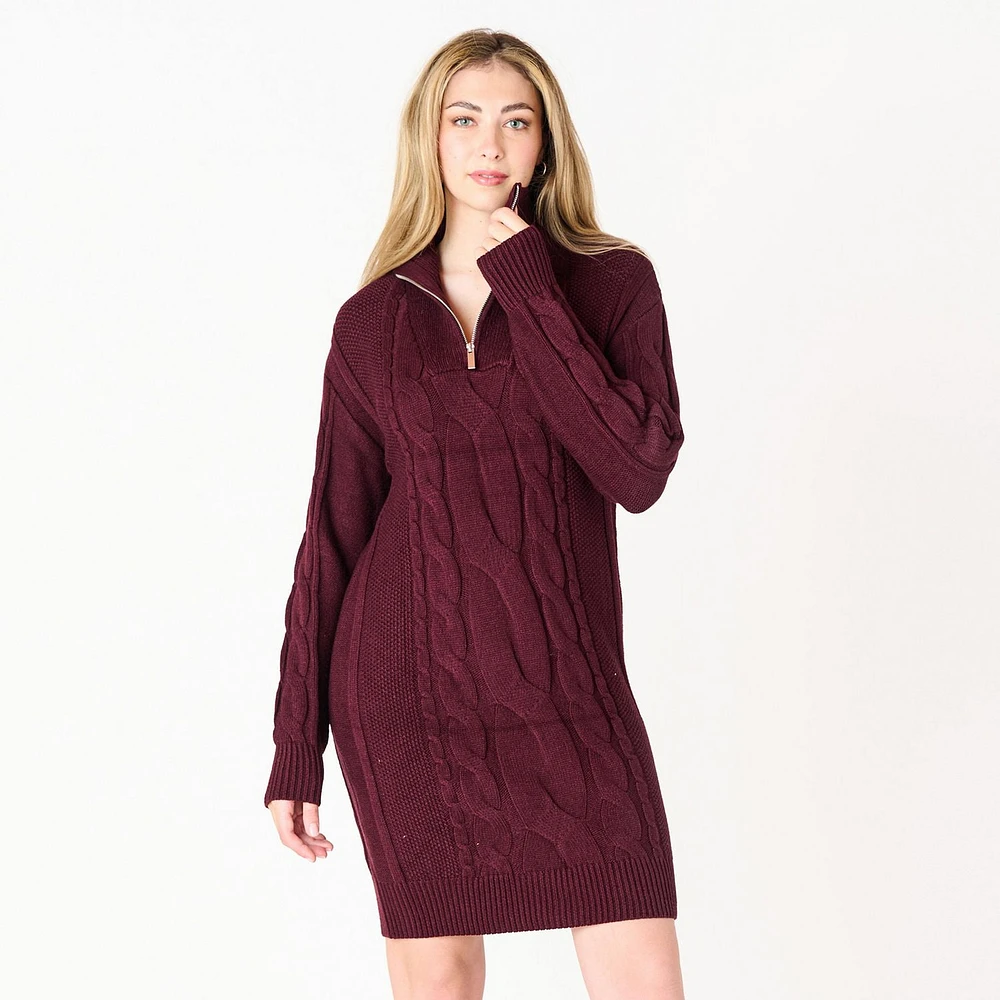 DV L/S Flat Collar Cable knit sweater dress with zipper,