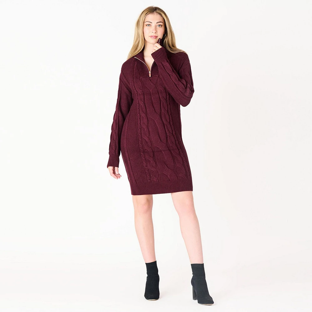 DV L/S Flat Collar Cable knit sweater dress with zipper,