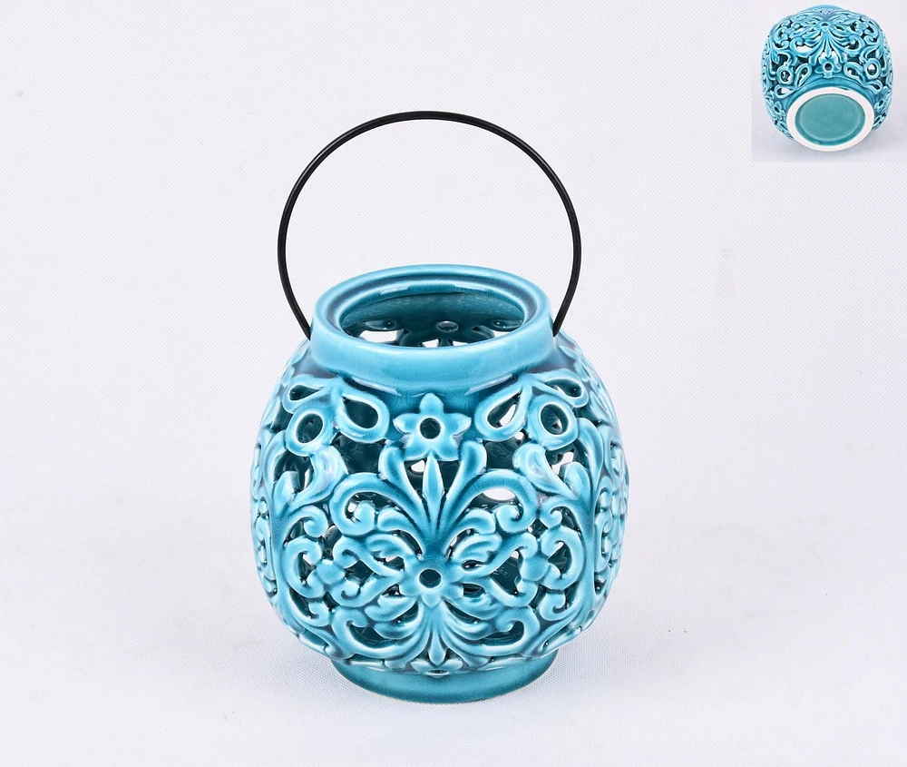 Hometrends SCROLL CERAMIC LANTERN, Teal / 6.3 in. Dia. x 6.5 in. H