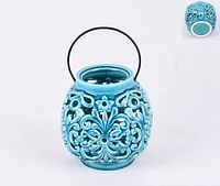 Hometrends SCROLL CERAMIC LANTERN, Teal / 6.3 in. Dia. x 6.5 in. H