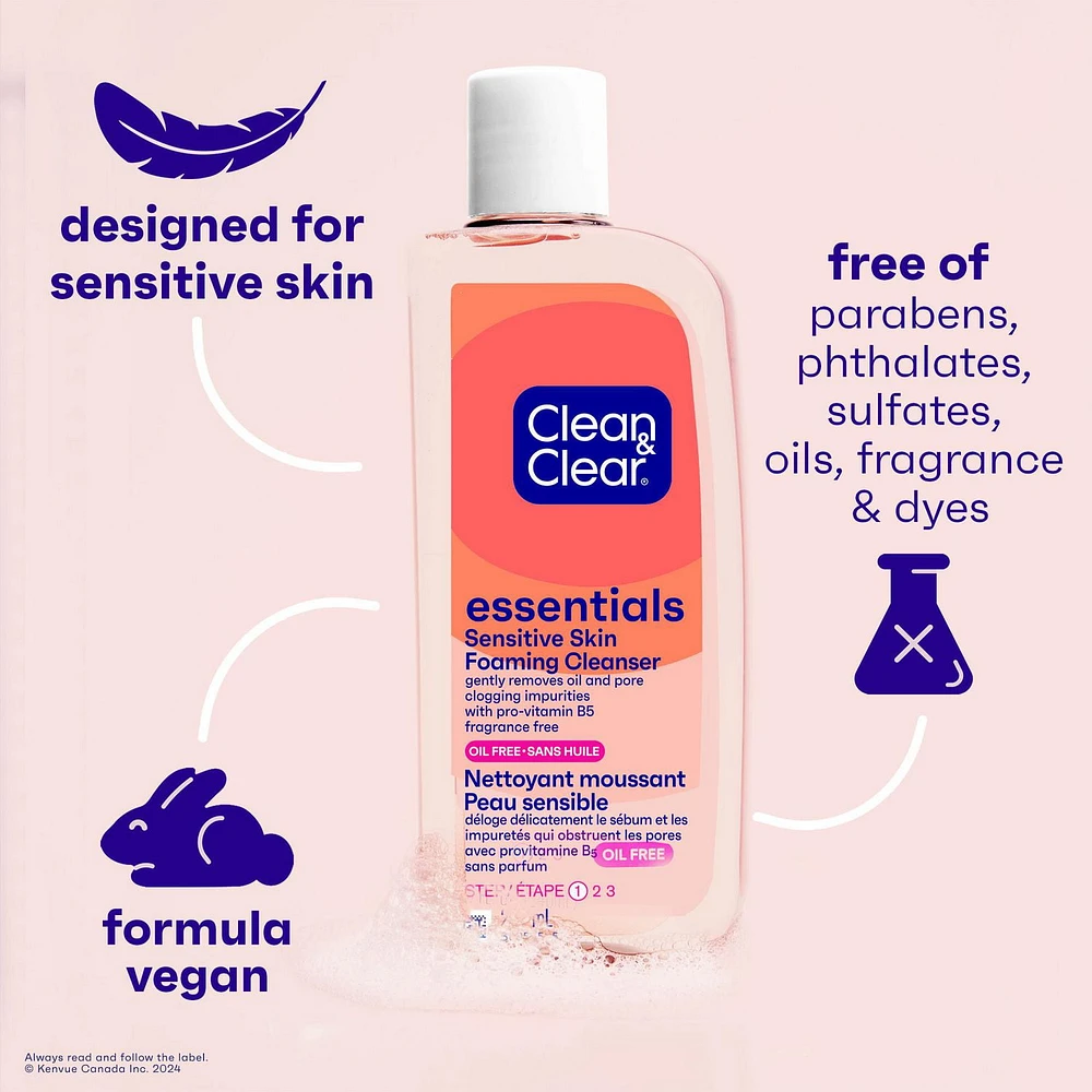 Clean & Clear Essentials Oil-Free Foaming Facial Cleanser, Daily Face Wash with Pro-Vitamin B5 Gently Removes Oil & Pore Clogging Impurities Without Drying Skin, Fragrance-Free, 235 mL