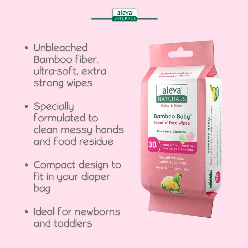 Aleva Naturals Bamboo Baby Hand 'n' Face Wipes - 30 Count, Clean messy hands & face