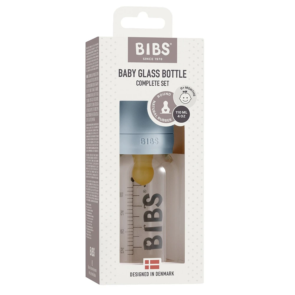 Biberon en Verre BIBS pour Bébé. Anti-Colique. Tétine en Latex de Caoutchouc Naturel Rond. Soutient l'Allaitement Naturel, Ensemble Complet - 110 ml