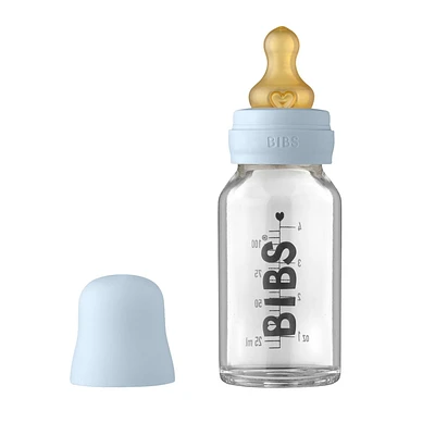 Biberon en Verre BIBS pour Bébé. Anti-Colique. Tétine en Latex de Caoutchouc Naturel Rond. Soutient l'Allaitement Naturel, Ensemble Complet - 110 ml