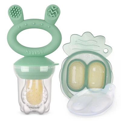 Haakaa Freeze-N-Feed Mini Combo with Silicone Food Feeder & Silicone Mini Nibble Tray|Baby Solid Food Self Feeder|Breastmilk Popsicle Mold Storage & Feeder for Soothing Baby Gums 1 PK (Pea Green)