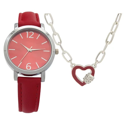 Ladies  Red strap Watch and Necklace