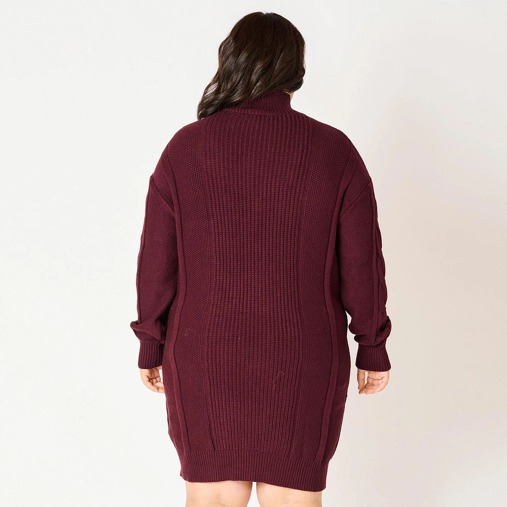 Devoted Women’s Plus L/S Flat Collar cable knit sweater dress with zipper