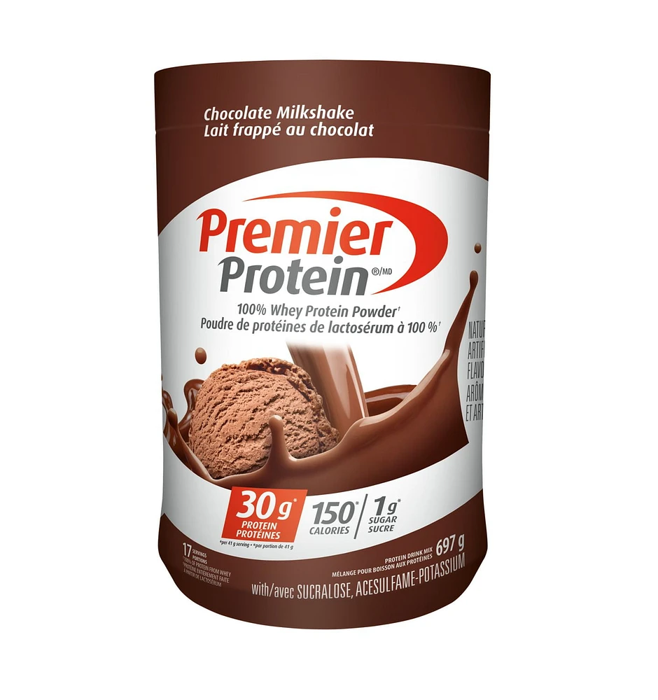 PREMIER PROTEIN CHOCOLATE MILKSHAKE PROTEIN POWDER, 30g protein, 17 servings, 697g