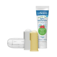 Dr. Brown’s™ 100% Silicone Baby Finger Toothbrush and Toothpaste Set, 2-Pack Toothbrush with Storage Case, Fluoride-Free Strawberry Toddler Toothpaste Grey and Yellow