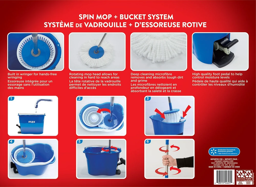 Great Value Spin Mop & Bucket System with 2 mop heads, 1 Mop and 1 Bucket