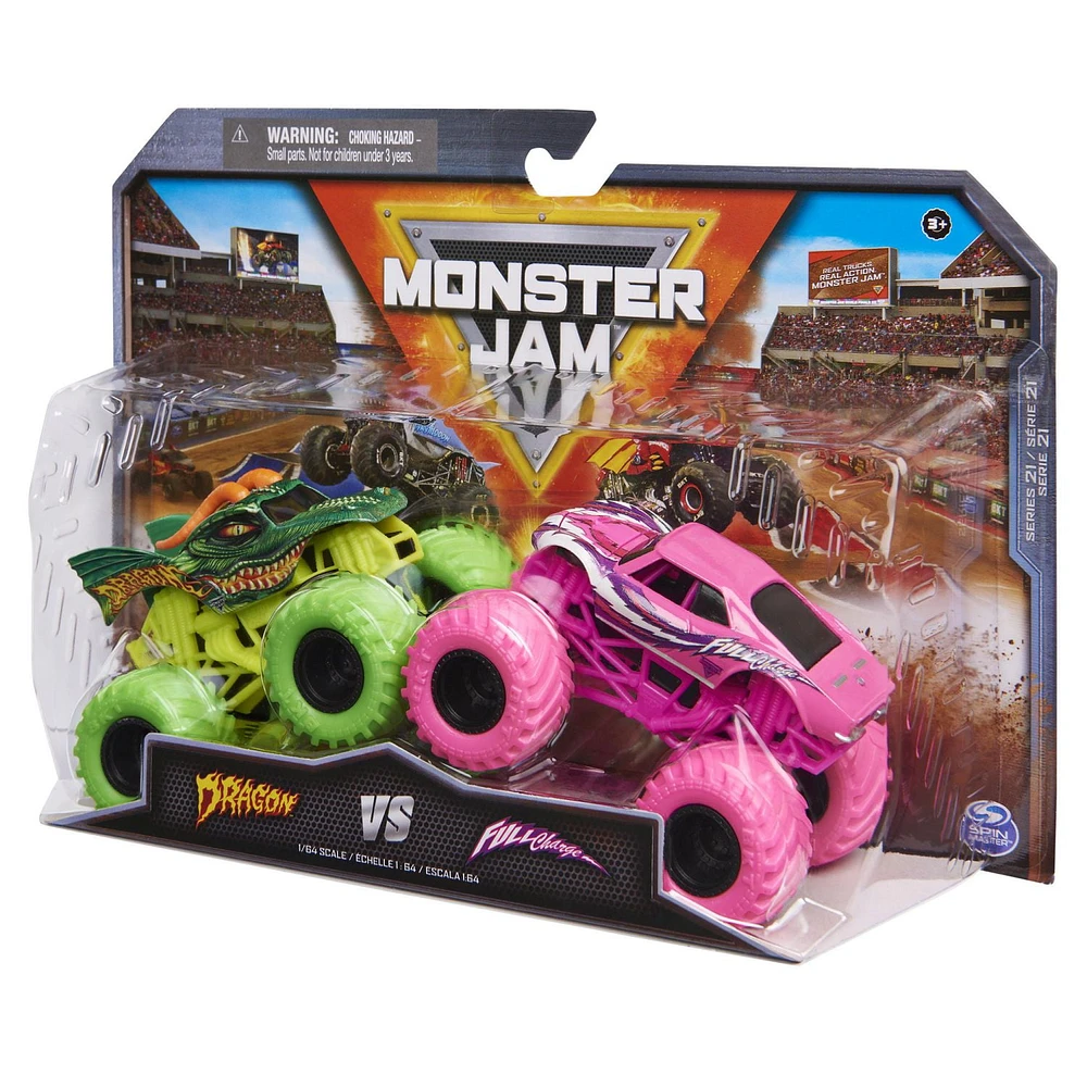 Monster Jam, Official Dragon Vs. Full Charge Die-Cast Monster Trucks, 1:64 Scale, Kids Toys for Boys Ages 3 and up