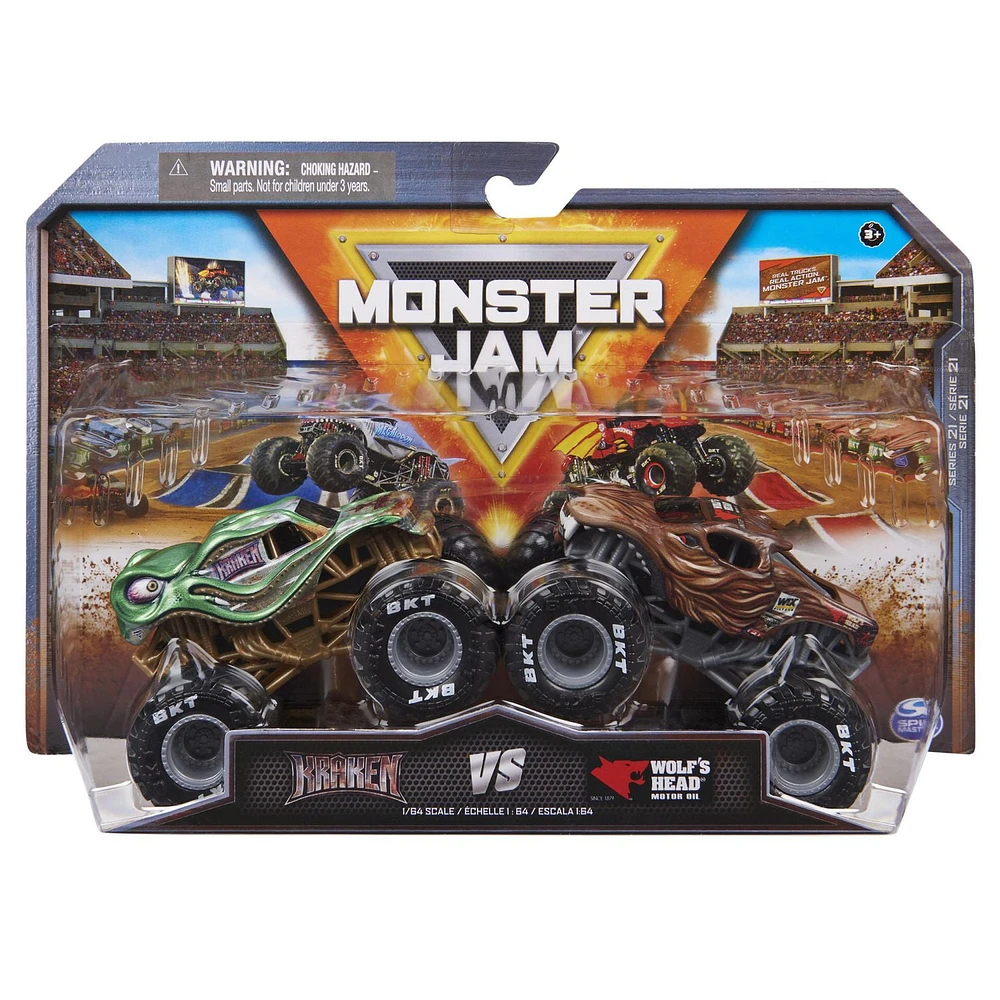 Monster Jam, Official Kraken Vs. Wolf's Head Die-Cast Monster Trucks, 1:64 Scale, Kids Toys for Boys Ages 3 and up