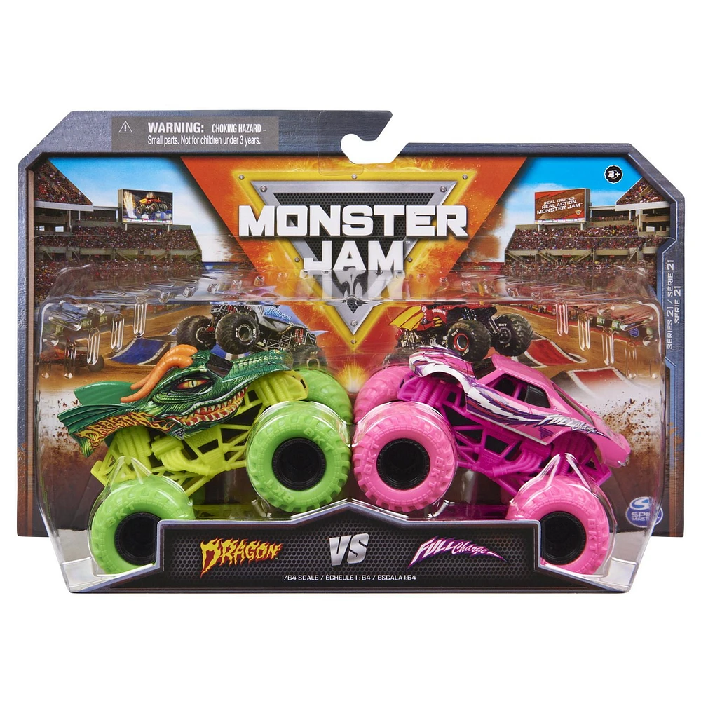 Monster Jam, Official Dragon Vs. Full Charge Die-Cast Monster Trucks, 1:64 Scale, Kids Toys for Boys Ages 3 and up