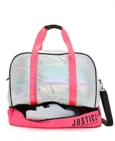 Justice Color Blocked Duffel Shiny Nylon Puff, Removable and adjustable shoulder strap.