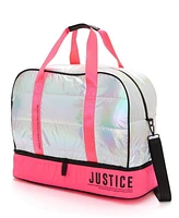 Justice Color Blocked Duffel Shiny Nylon Puff, Removable and adjustable shoulder strap.