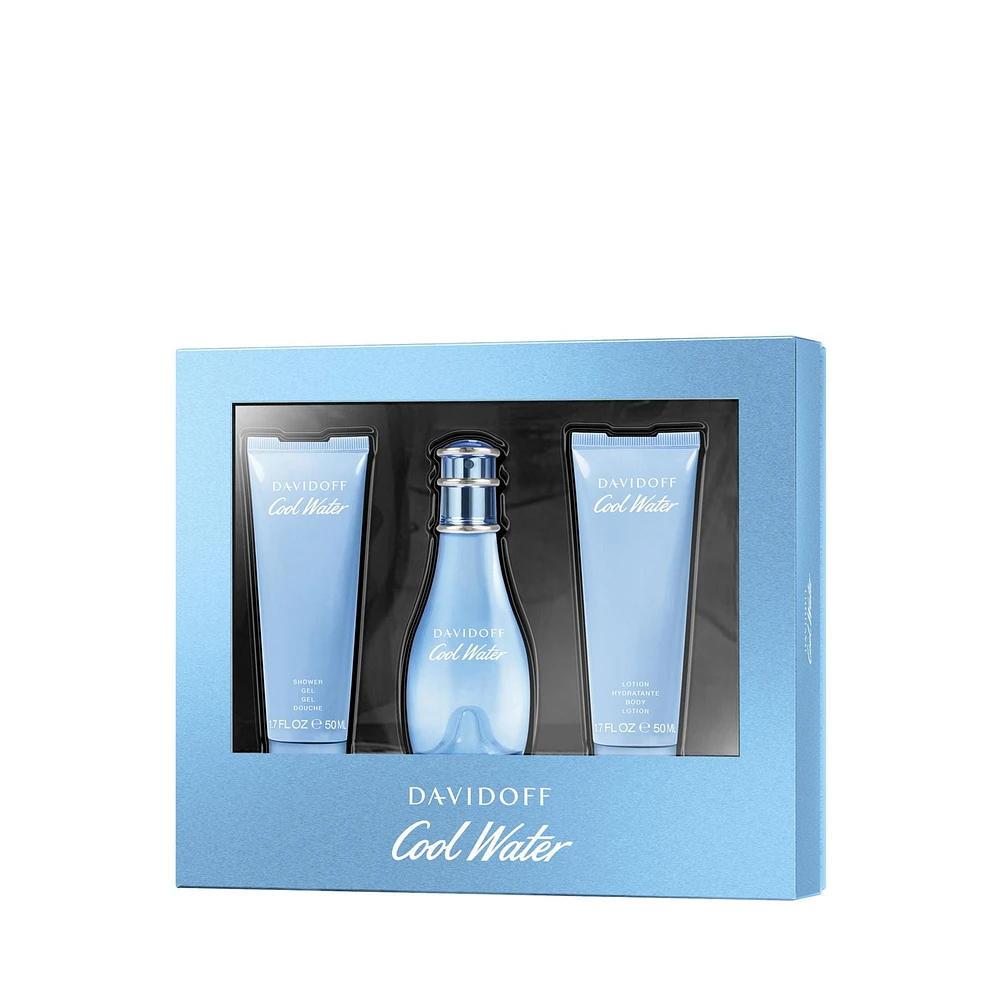 Davidoff Coffret Cadeau Cool Water pour femme, parfum floral, eau de toilette 50 ml, lotion pour le corps 50 ml et gel douche 50 ml