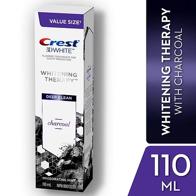 Crest 3D White Whitening Therapy Charcoal Deep Clean Fluoride Toothpaste, Invigorating Mint, 110 mL