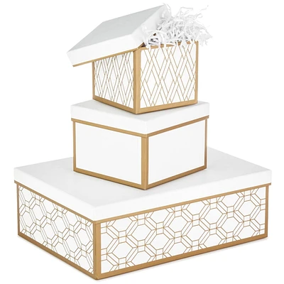 Hallmark Nesting Boxes with Lids and Fill (Set of 3, White and Gold, Assorted Sizes) for Weddings, Bridal Showers, Holidays and More