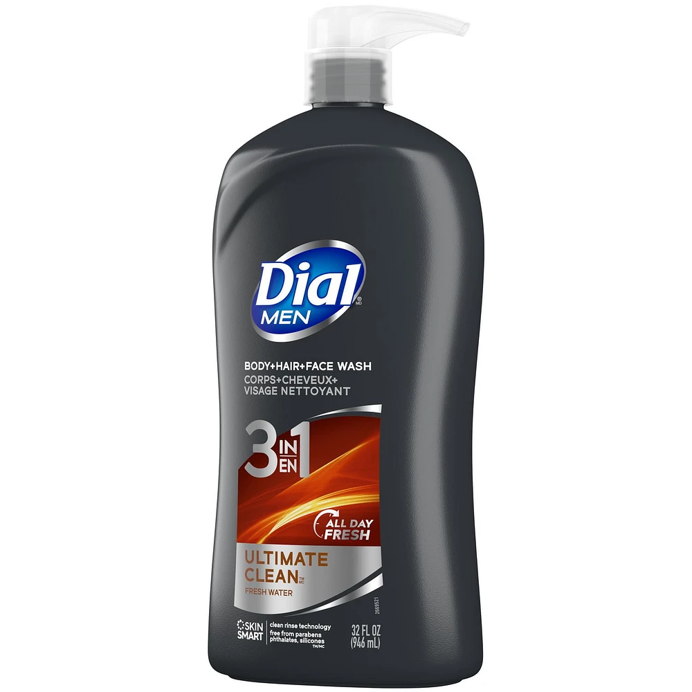 Dial for Men 3-in-1 Ultimate Clean Body+Hair+Face Wash, 946mL, Body Wash, 946mL