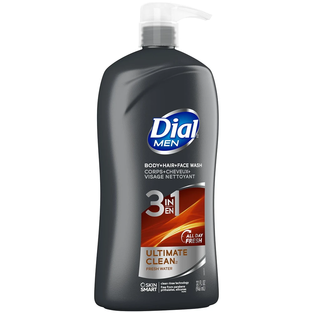 Dial for Men 3-in-1 Ultimate Clean Body+Hair+Face Wash, 946mL, Body Wash, 946mL