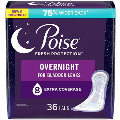 Poise Incontinence Pads for Women, 8 Drop, Overnight Absorbency, Extra-Coverage, 36Ct, POISE PAD LNG 36