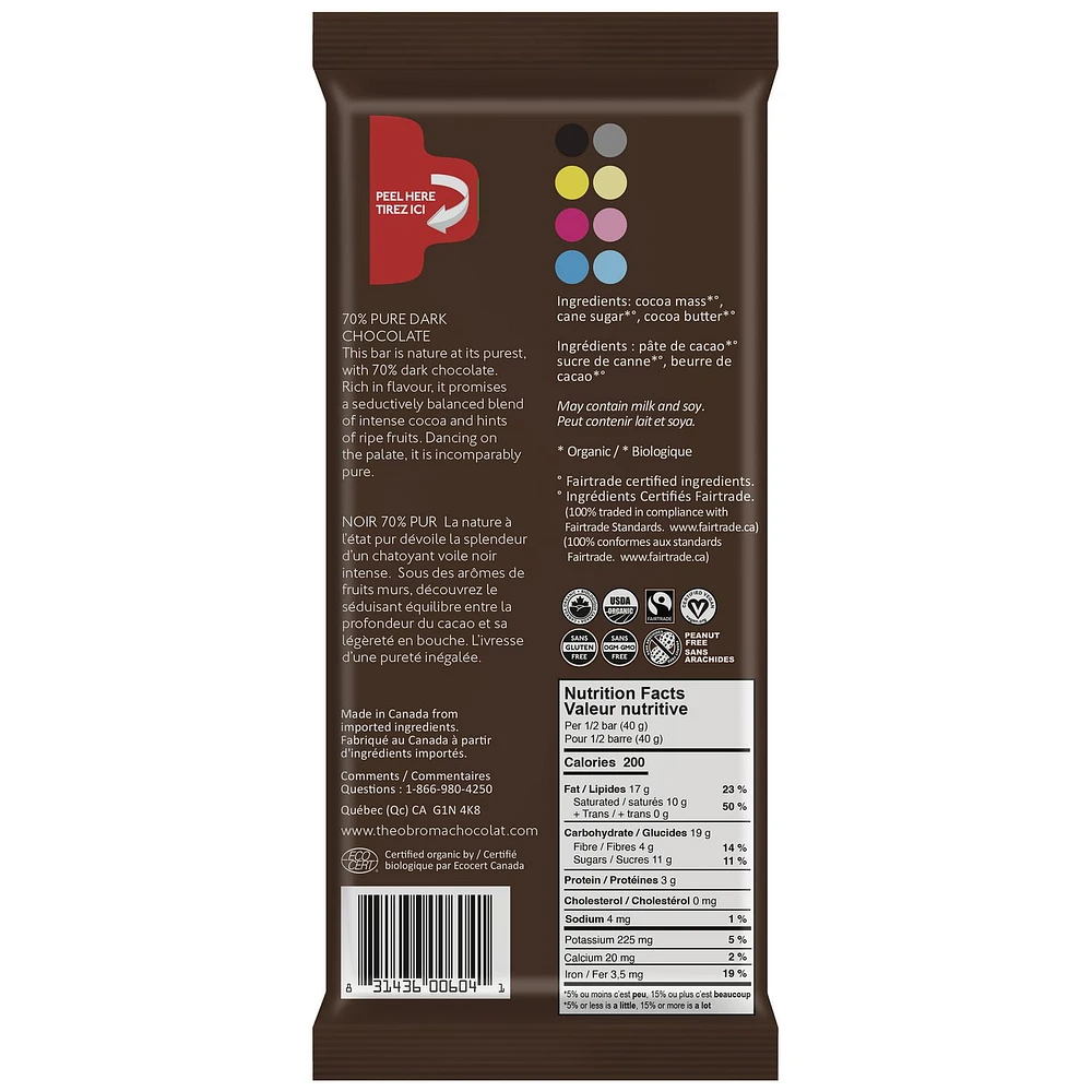 70% PURE DARK CHOCOLATE BAR, 70% vegan dark chocolate bar