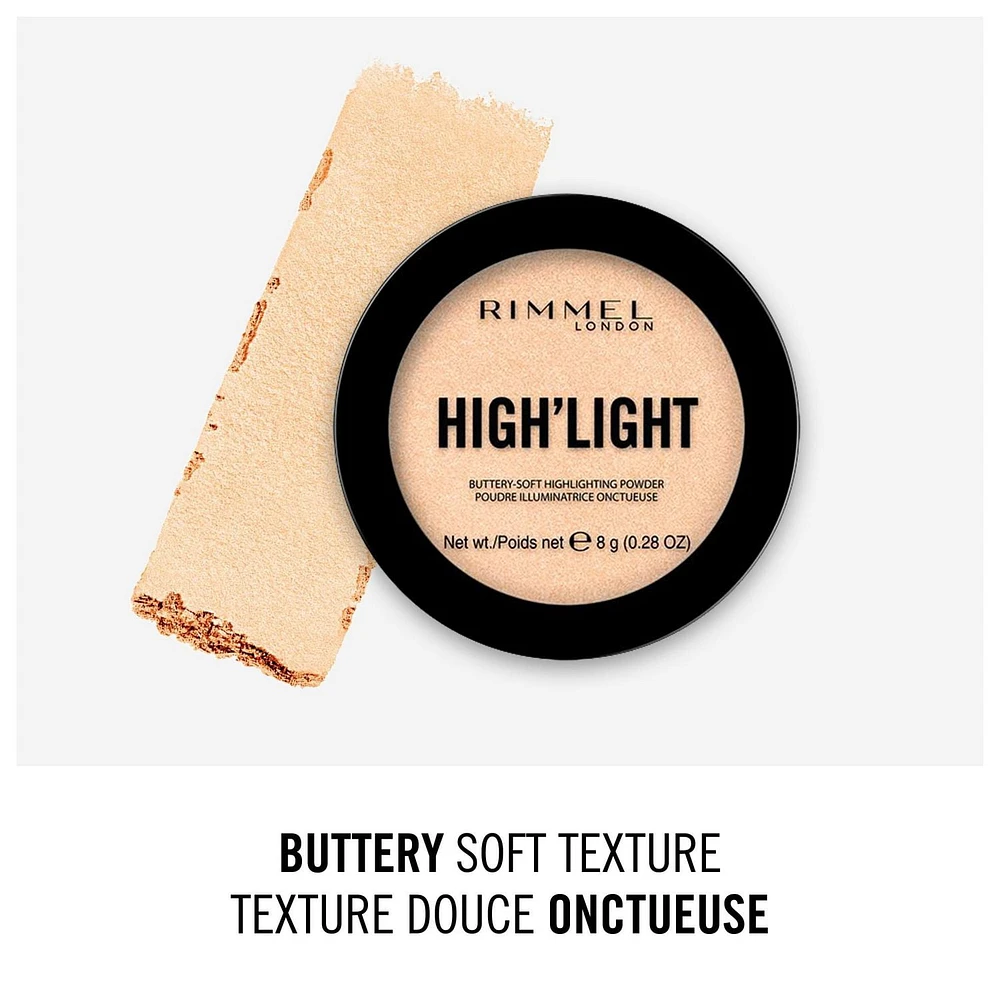 Rimmel High'Light, poudre lumineuse douce, contient des pigments hautement réfléchissants, vous donne un éclat lumineux, 100% Sans Cruauté Un éclat vraiment lumineux