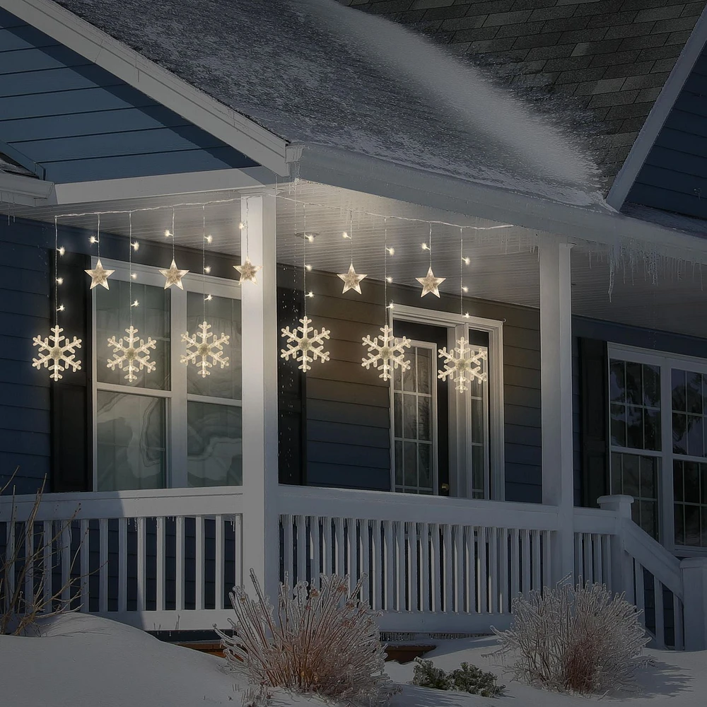 Star and Snowflake Icicle Light String, 114 LED Lights in Warm White, 6 Snowflakes - 6 Stars