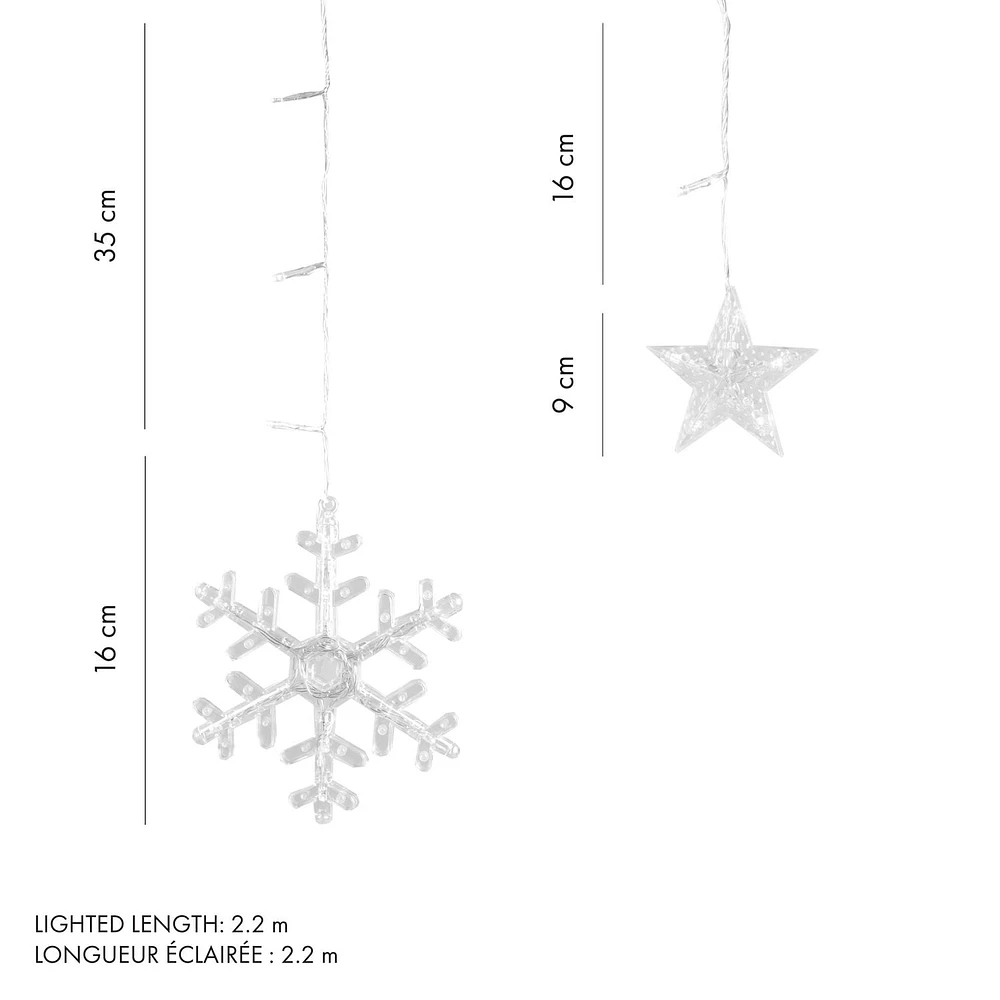 Star and Snowflake Icicle Light String, 114 LED Lights in Warm White, 6 Snowflakes - 6 Stars