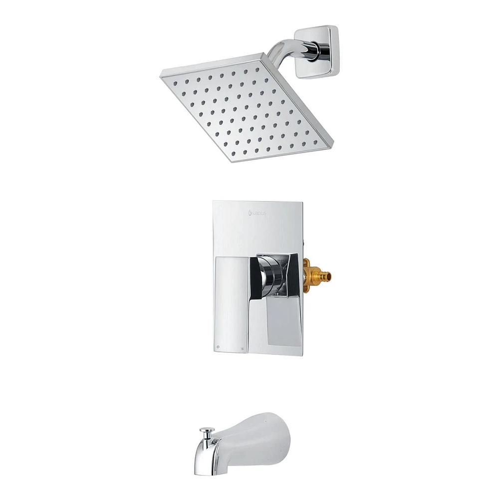 The akuaplus® - INA pressure balance valve faucet 1/2 in. PEX connection with shower head and spout 5 1/4 in. x 1/2 in. slip-fit. Chrome finish