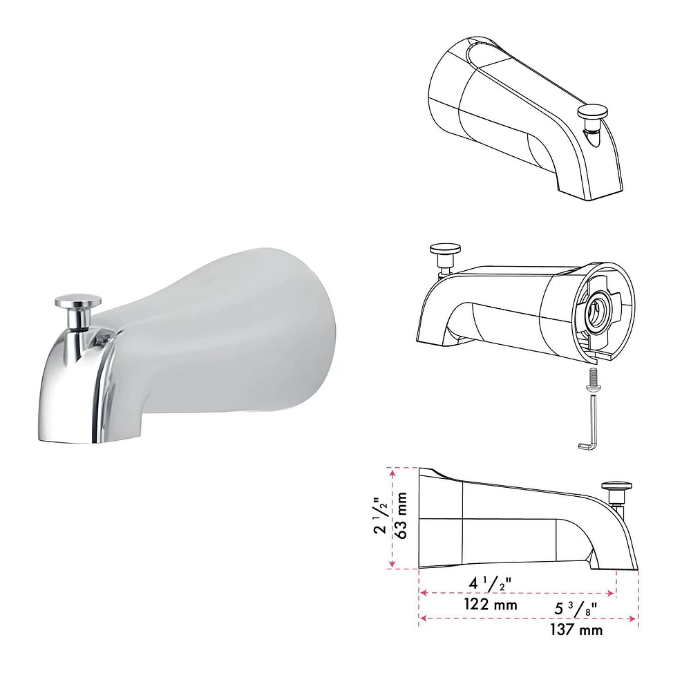 The akuaplus® - INA pressure balance valve faucet 1/2 in. PEX connection with shower head and spout 5 1/4 in. x 1/2 in. slip-fit. Chrome finish