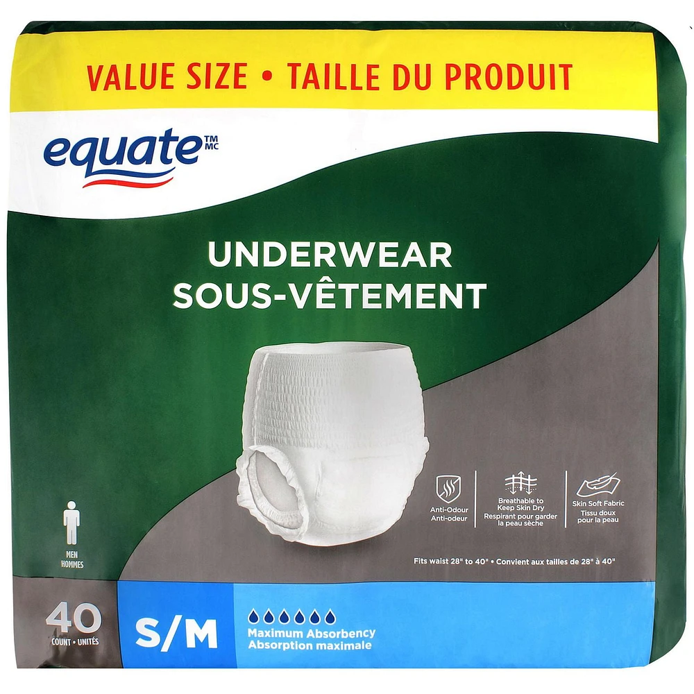 Equate Men’s Maximum Absorbency Protective Underwear, Small, 40 pairs
