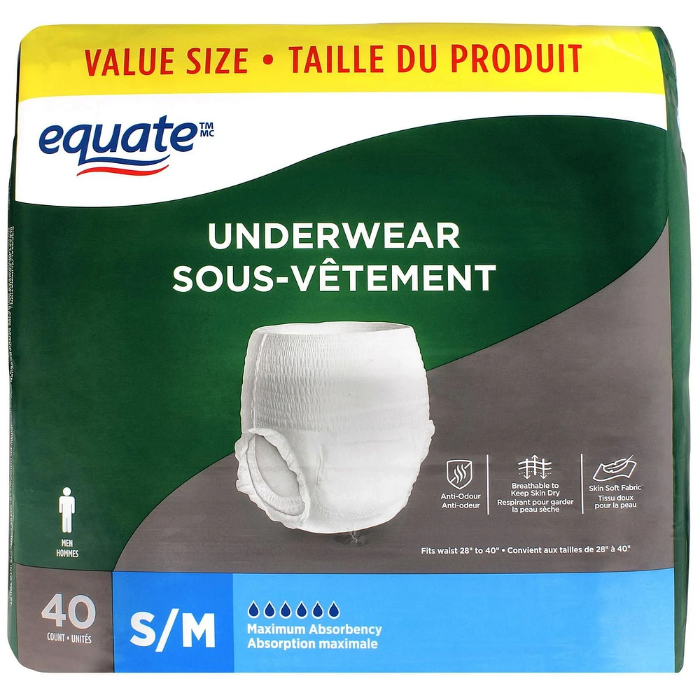 Equate Men’s Maximum Absorbency Protective Underwear, Small, 40 pairs