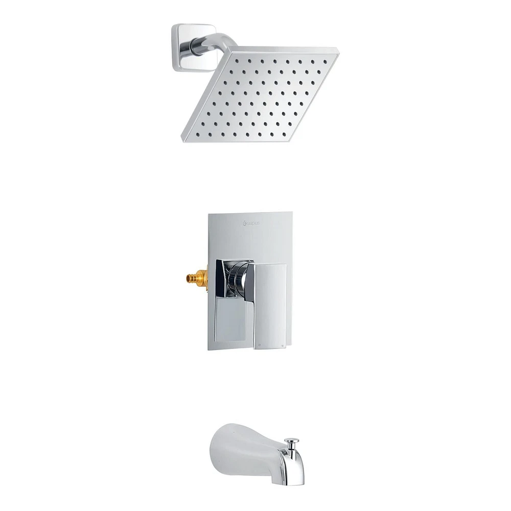 The akuaplus® - INA pressure balance valve faucet 1/2 in. PEX connection with shower head and spout 5 1/4 in. x 1/2 in. slip-fit. Chrome finish