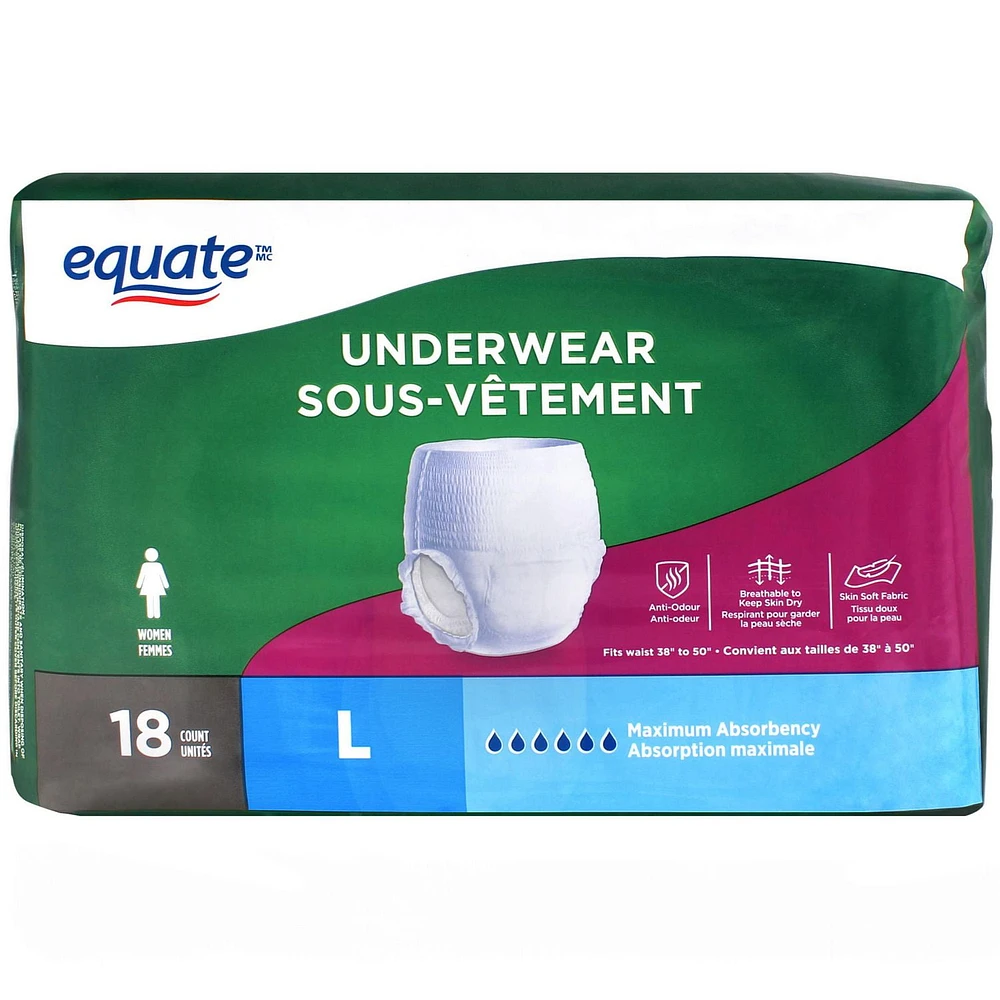 Equate Women’s Maximum Absorbency Protective Underwear, Large, 18 pairs