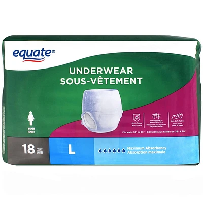 Equate Women’s Maximum Absorbency Protective Underwear, Large, 18 pairs