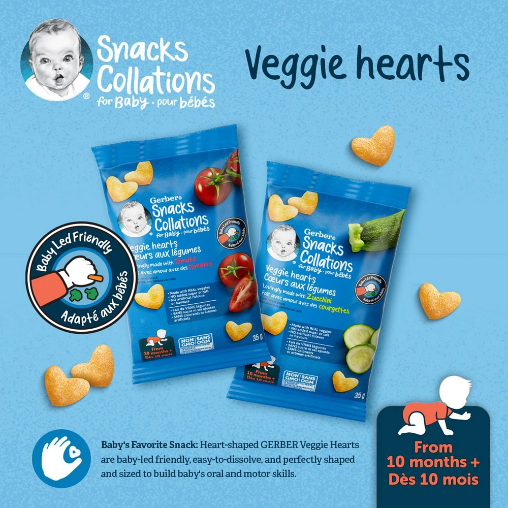 GERBER Veggie Hearts Zucchini, Baby Snacks, 10 Months & Up, Source Of Vitamin B1, Iron & Zinc, 3g Whole Grains, Made with Real Zucchini, No Artificial Flavours or Colours, No Added Sugar, No Added Salt, 35g