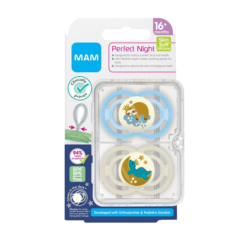 MAM Perfect Night Pacifiers, Glow in the Dark Pacifiers (2 pack), MAM Pacifiers 16 Plus Months, Best Pacifier for Breastfed Babies, Baby Boy Pacifier